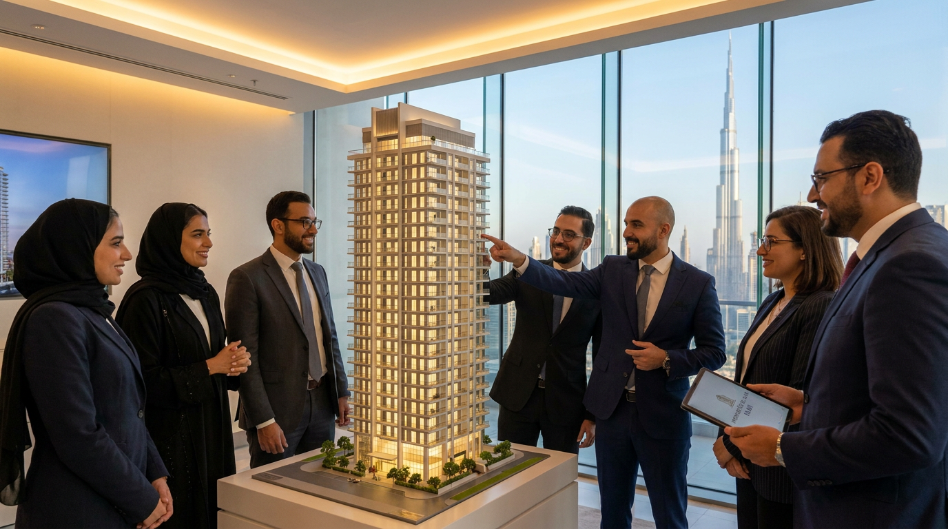 Investisseurs français examinant une maquette immobilière à Dubai