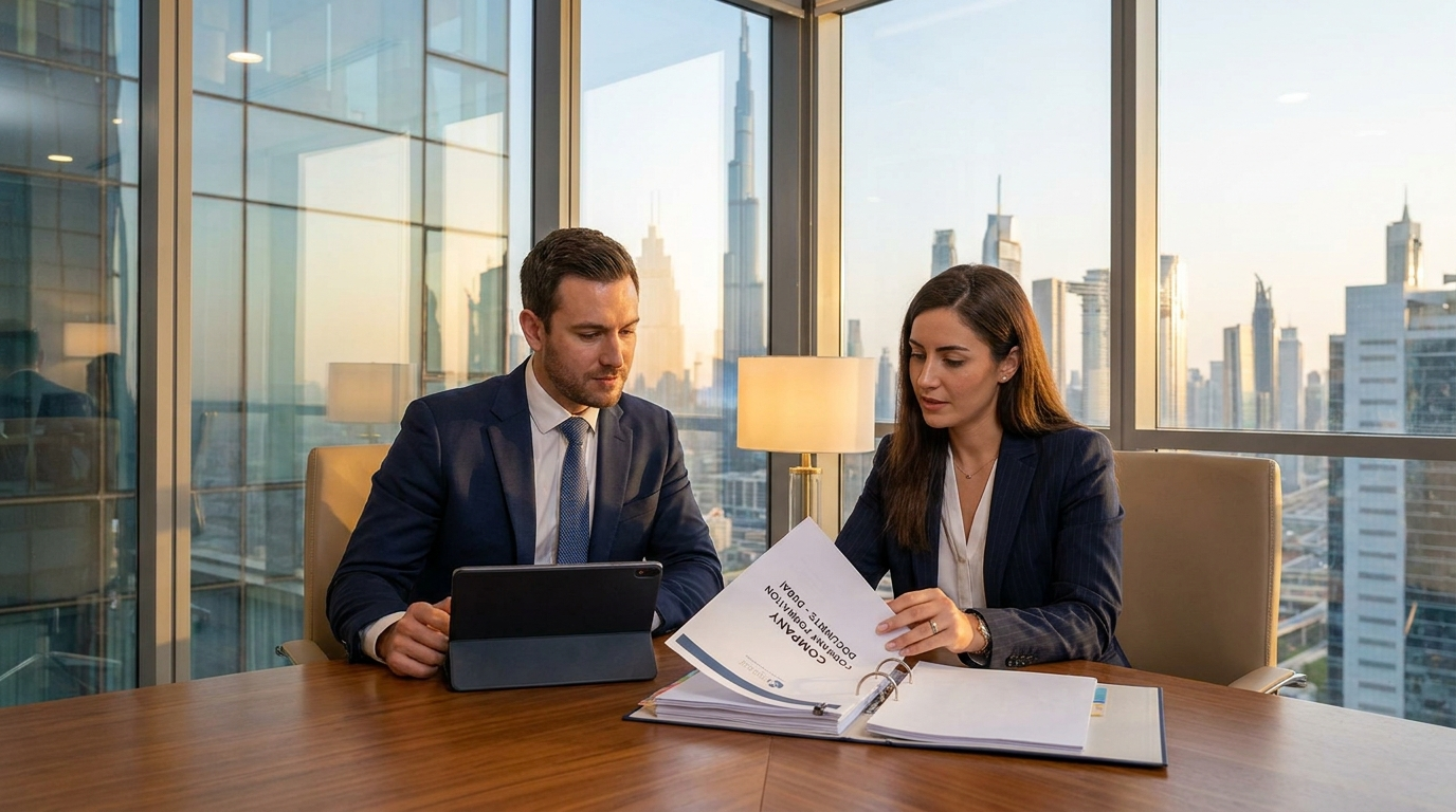 Deux professionnels examinant des documents de constitution de société à Dubai