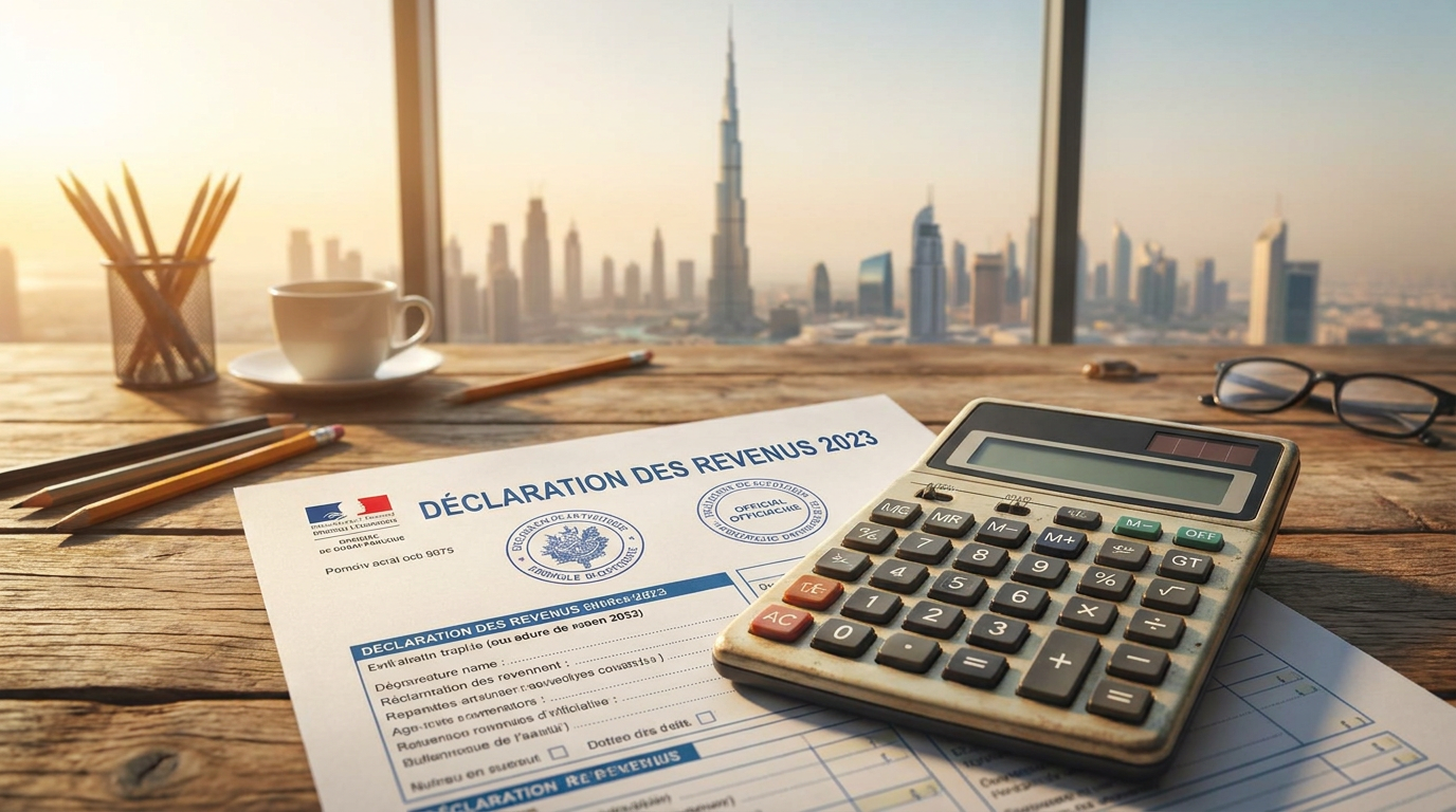 Document de déclaration fiscale française avec skyline de Dubai en arrière-plan