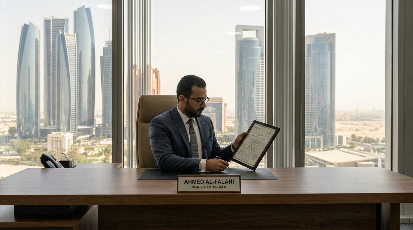 Courtier immobilier examinant un document de certification dans un bureau à Abu Dhabi