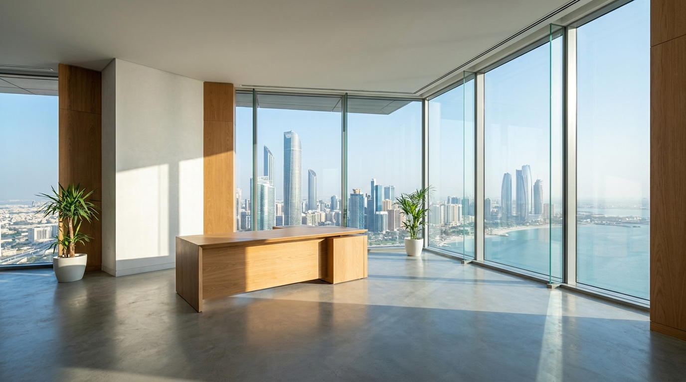 Espace de bureau premium vide avec vue sur le skyline d'Abu Dhabi