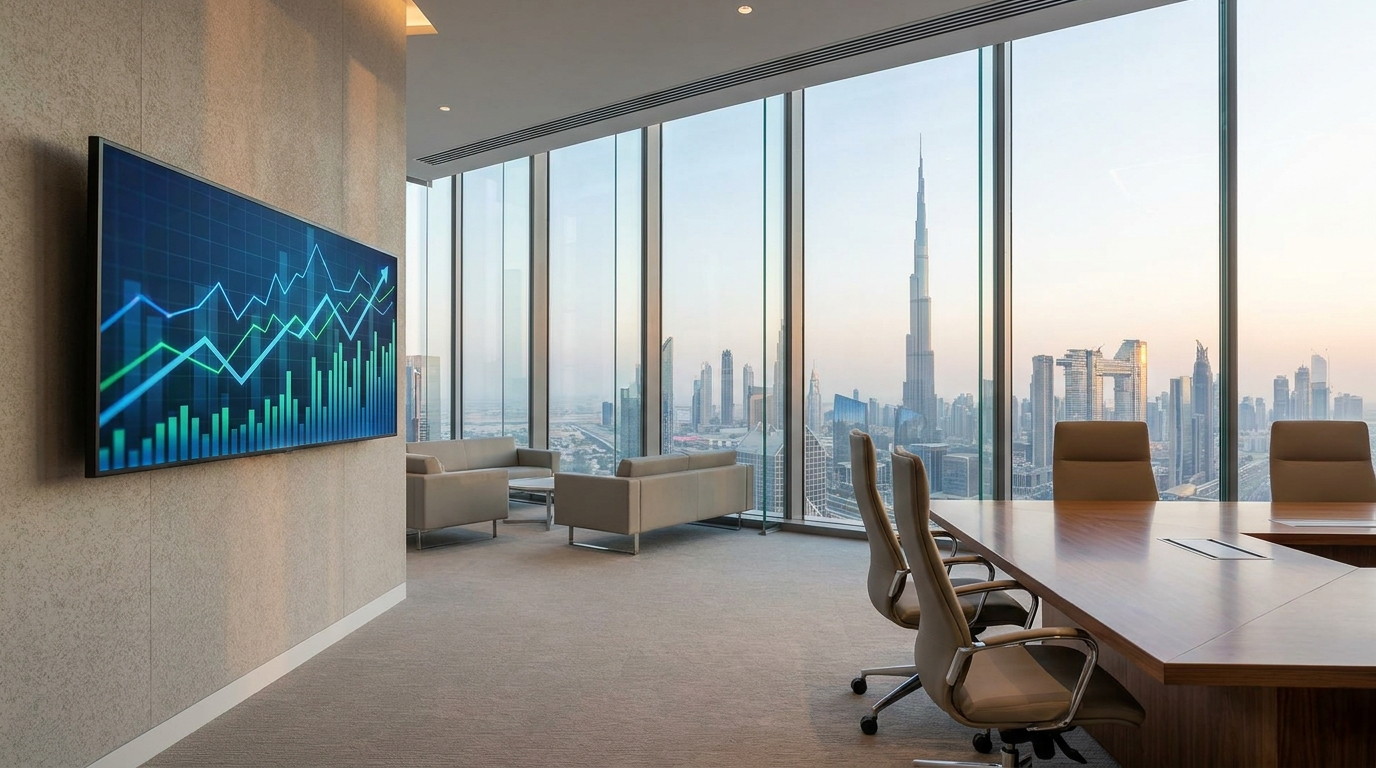 Bureau moderne avec graphiques financiers et vue sur le skyline de Dubai