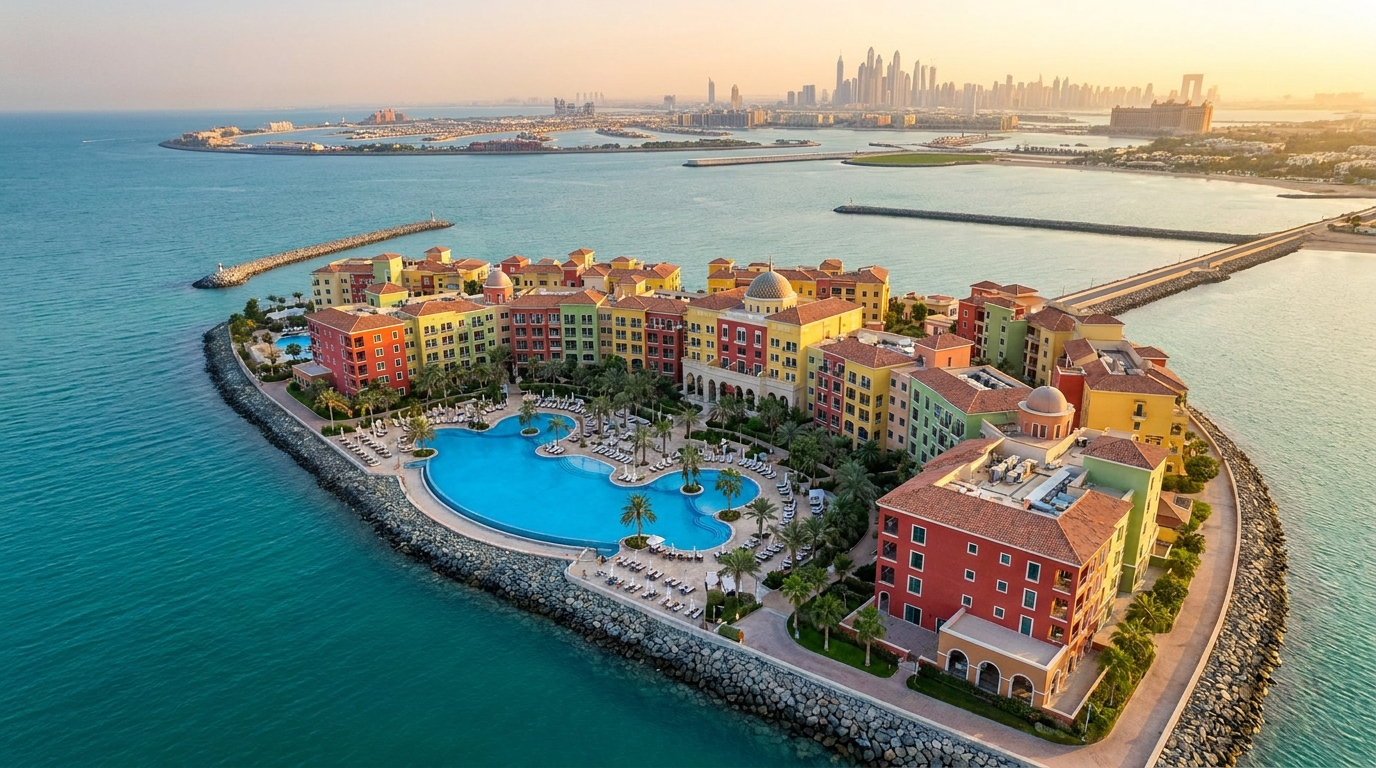 Complexe hôtelier coloré de style méditerranéen sur une île artificielle à Dubai