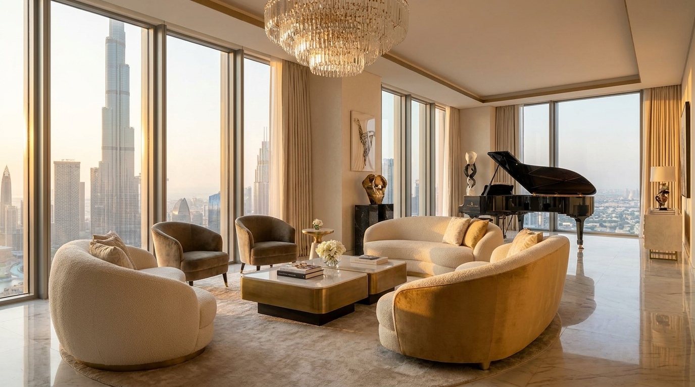 Intérieur d'un penthouse ultra-luxe à Dubai avec vue panoramique