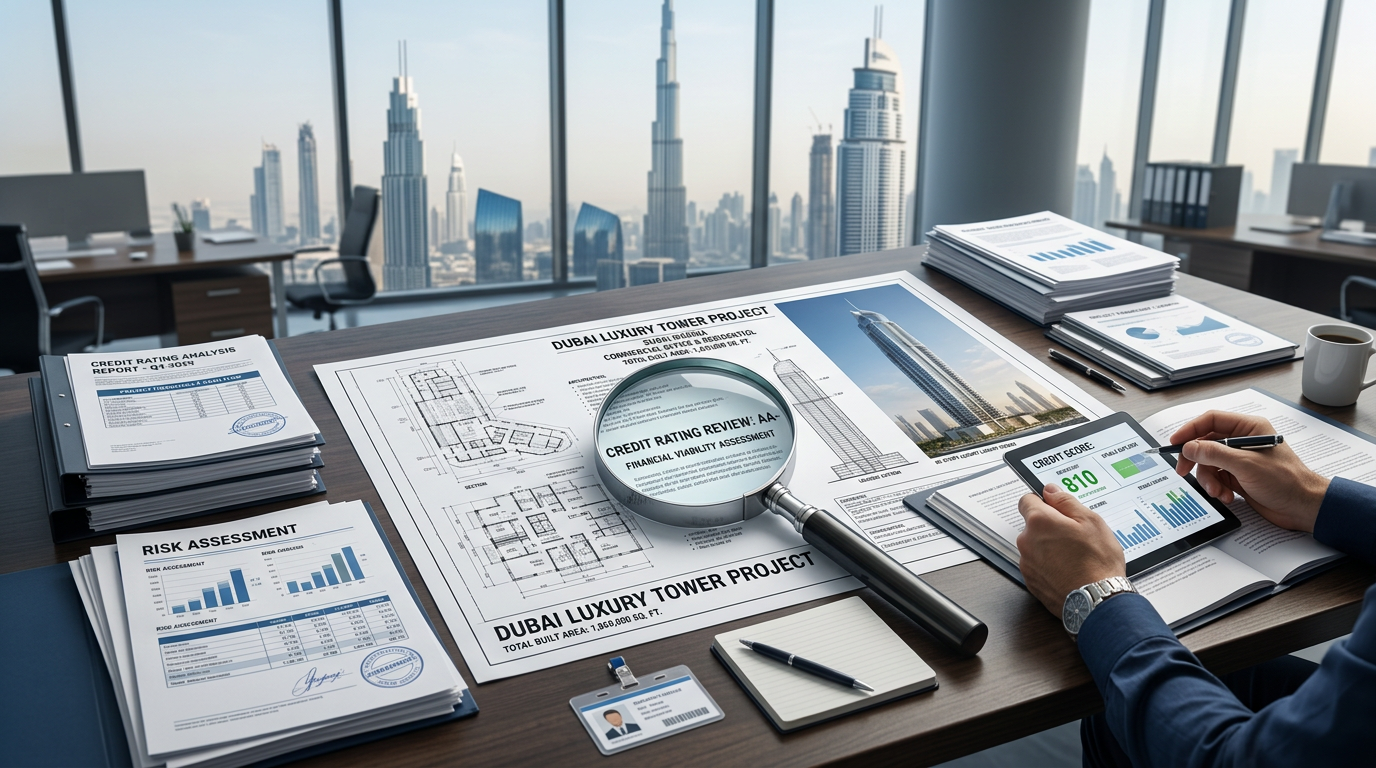 Illustration d'une revue de notation financière sur un projet immobilier de luxe à Dubai