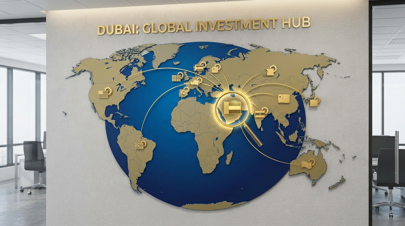 Carte du monde avec Dubai mis en évidence symbolisant les investisseurs internationaux
