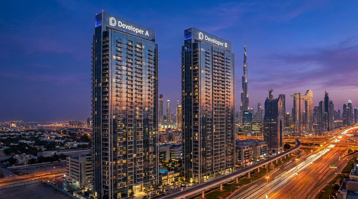 Deux tours résidentielles modernes à Dubai représentant des promoteurs concurrents